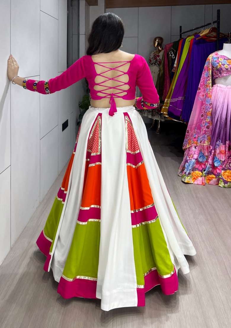 White And Pink Gamthi Work Cotton Lehenga Set - Indya