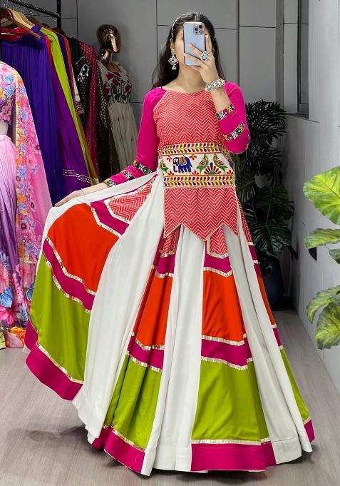White And Pink Gamthi Work Cotton Lehenga Set