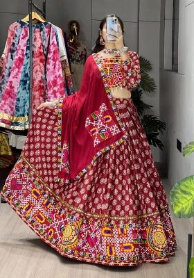 Maroon Mirror Work Cotton Lehenga Set