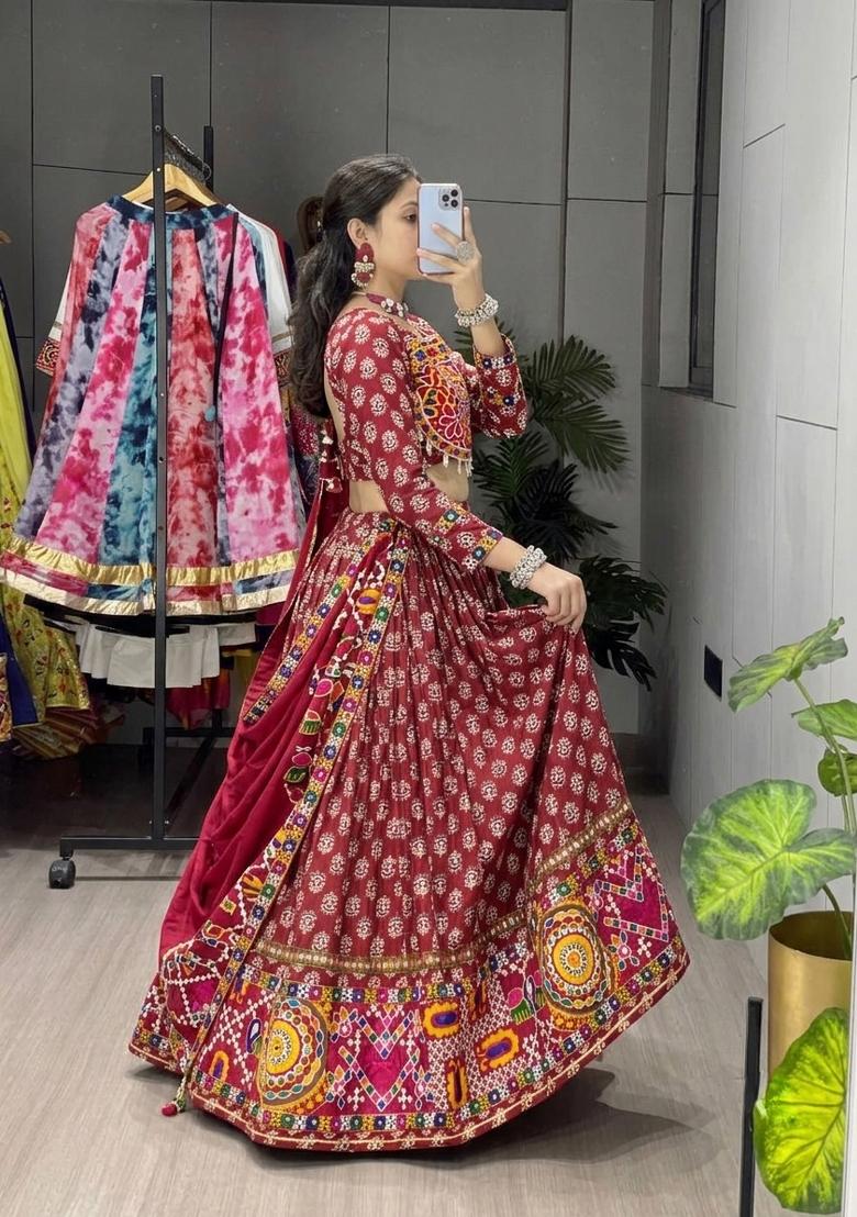Maroon Mirror Work Cotton Lehenga Set - Indya