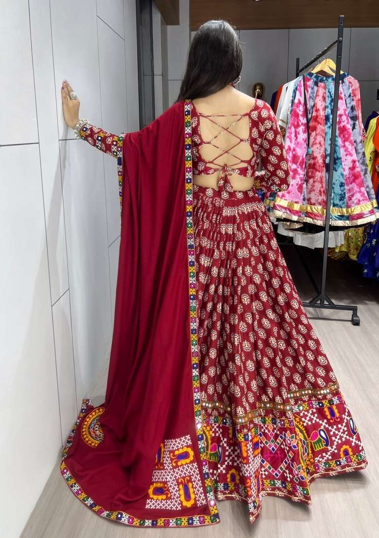 Maroon Mirror Work Cotton Lehenga Set - Indya