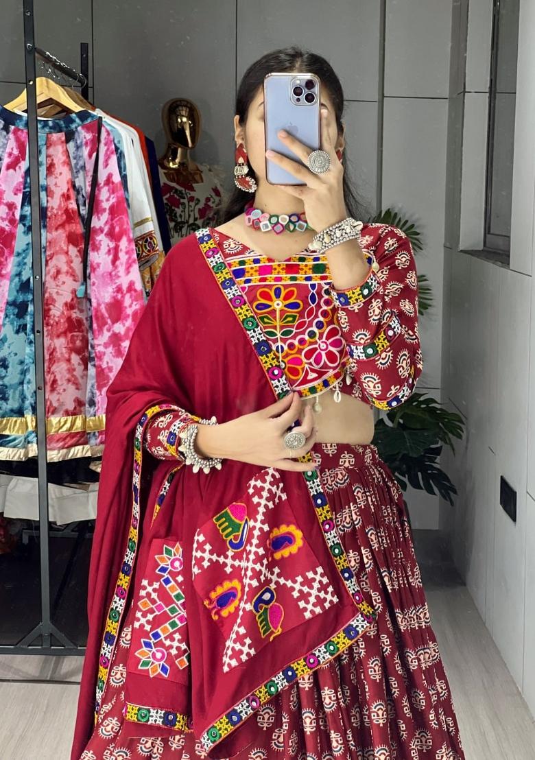Maroon Mirror Work Cotton Lehenga Set - Indya