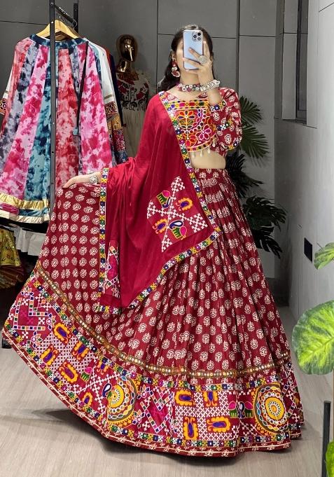 Maroon Mirror Work Cotton Lehenga Set