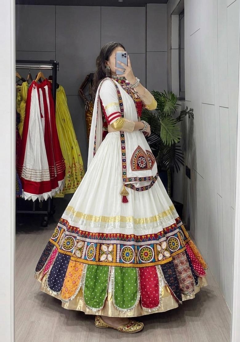 White Gota Patti Work Cotton Lehenga Set - Indya
