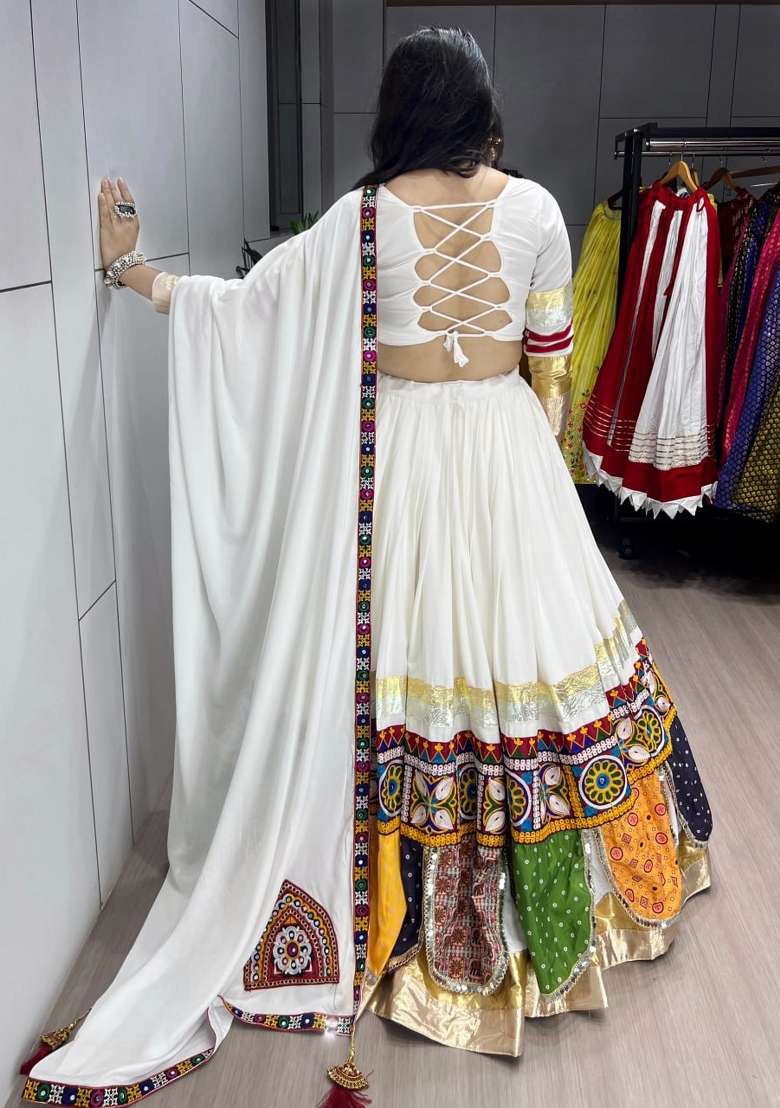 White Gota Patti Work Cotton Lehenga Set - Indya