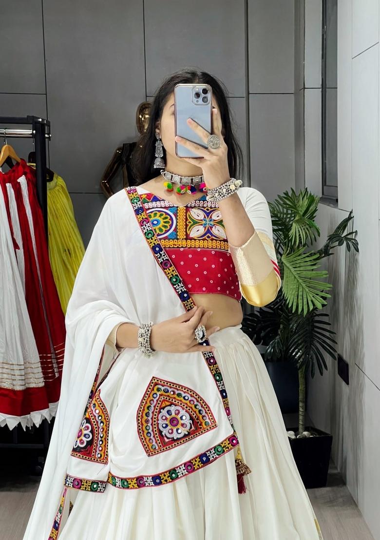 White Gota Patti Work Cotton Lehenga Set - Indya