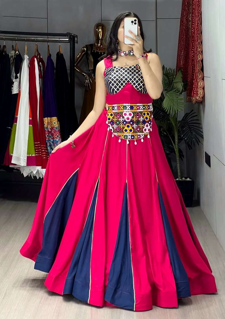 Gajari And Navy Blue Gota Patti Work Cotton Lehenga Set - Indya