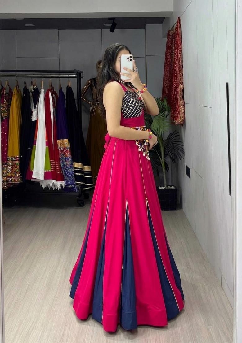 Gajari And Navy Blue Gota Patti Work Cotton Lehenga Set - Indya