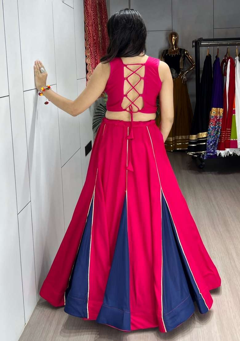 Gajari And Navy Blue Gota Patti Work Cotton Lehenga Set - Indya