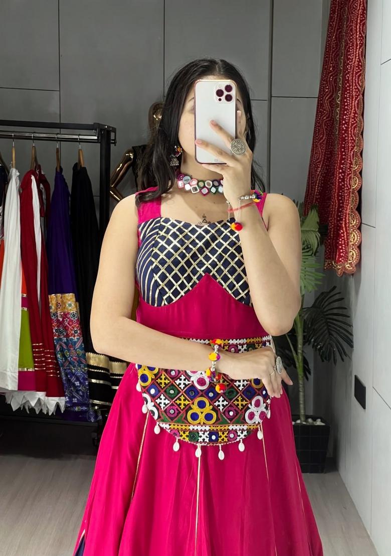Gajari And Navy Blue Gota Patti Work Cotton Lehenga Set - Indya