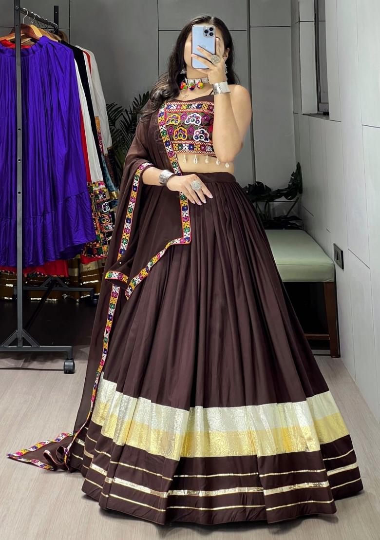 Brown Mirror Work Cotton Lehenga Set - Indya