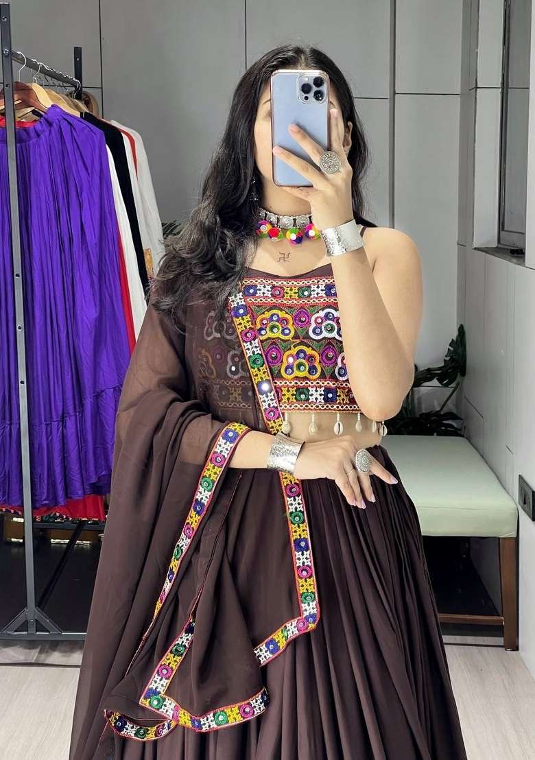 Brown Mirror Work Cotton Lehenga Set - Indya