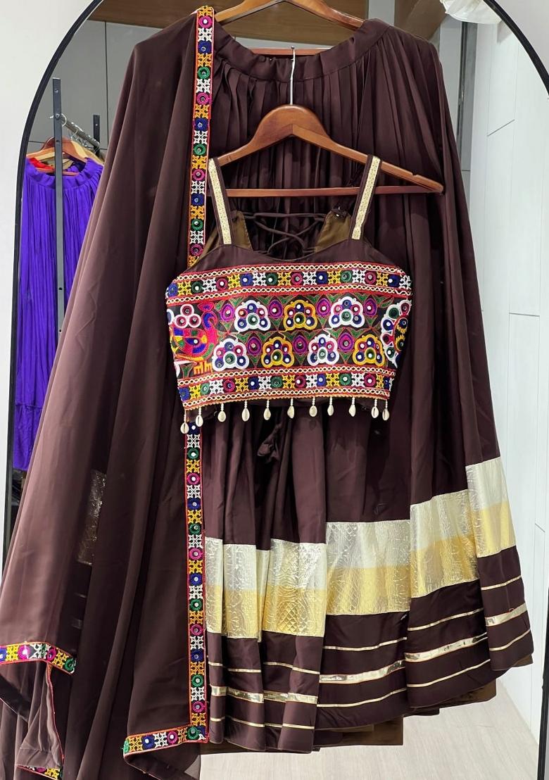 Brown Mirror Work Cotton Lehenga Set - Indya