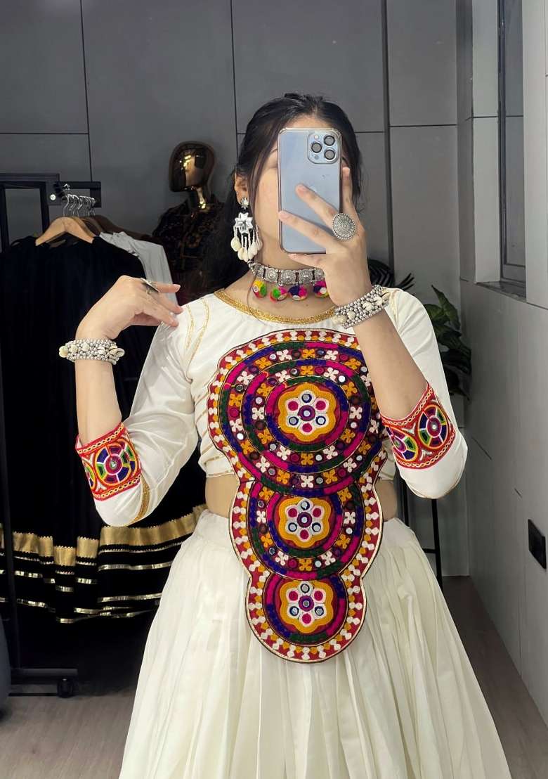 White Mirror Work Cotton Chaniya Choli Set For Navratri And Garba - Indya