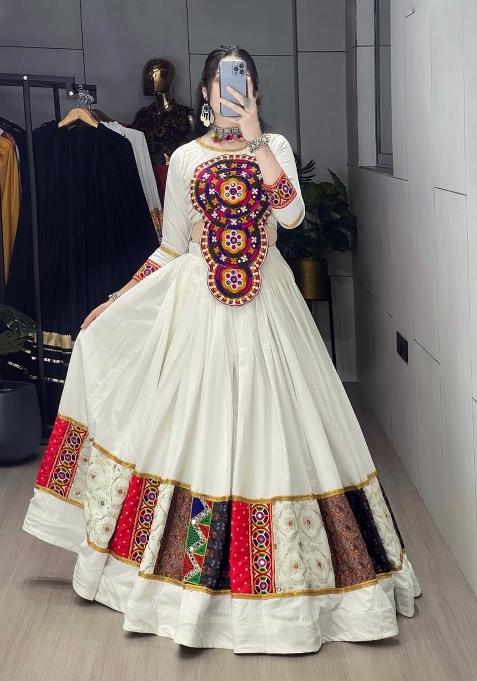 White Mirror Work Cotton Lehenga Set