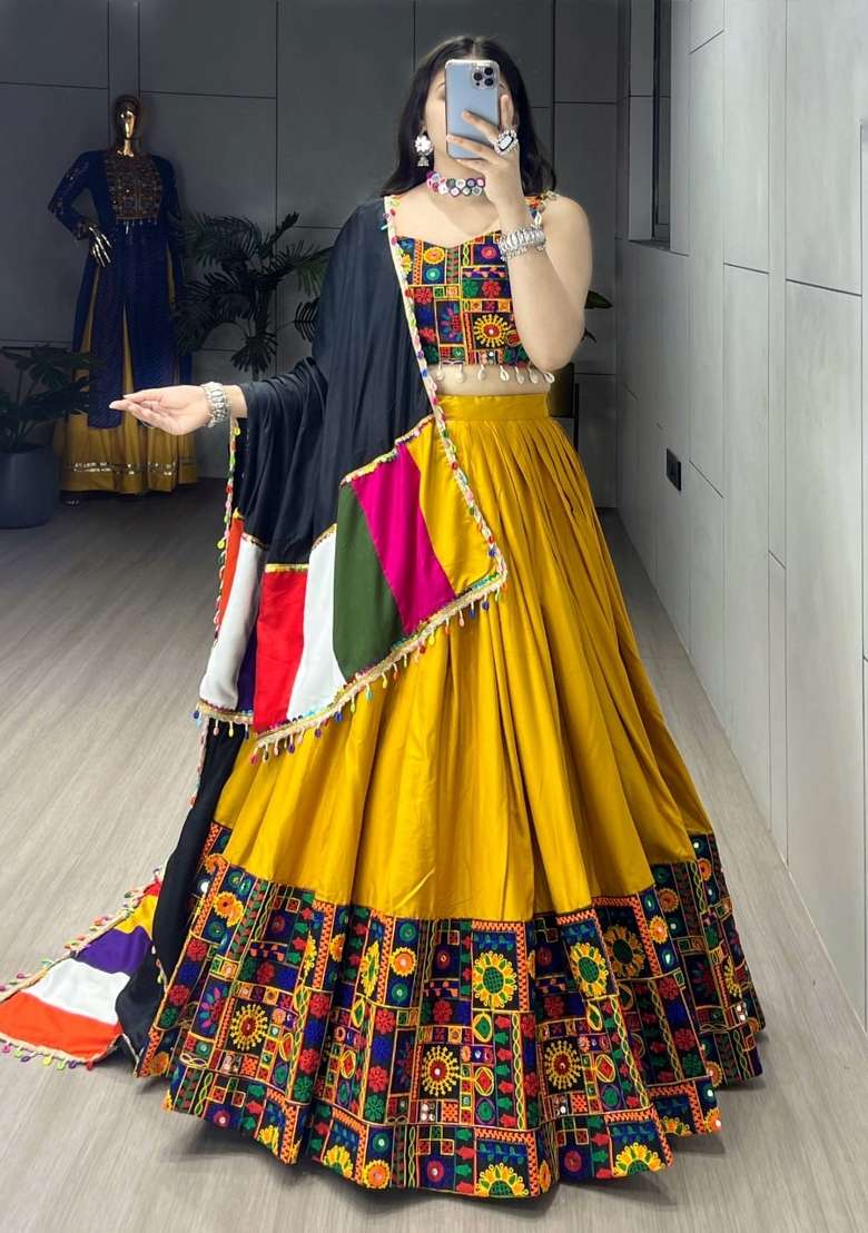 Mustard Gamthi Work Cotton Chaniya Choli Set For Navratri And Garba - Indya