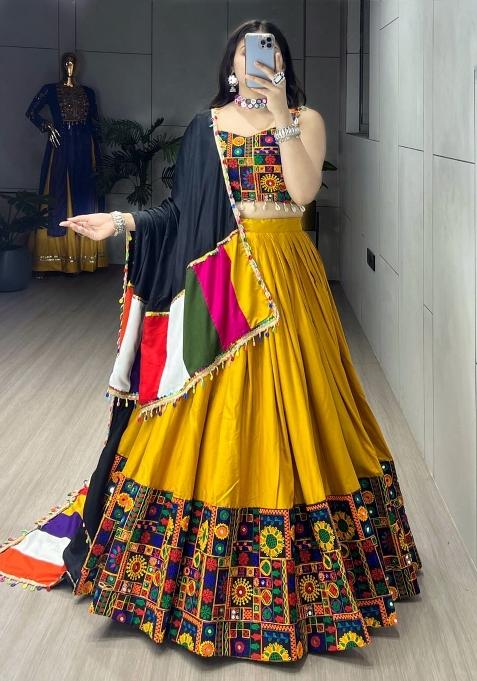 Mustard Gamthi Work Cotton Lehenga Set