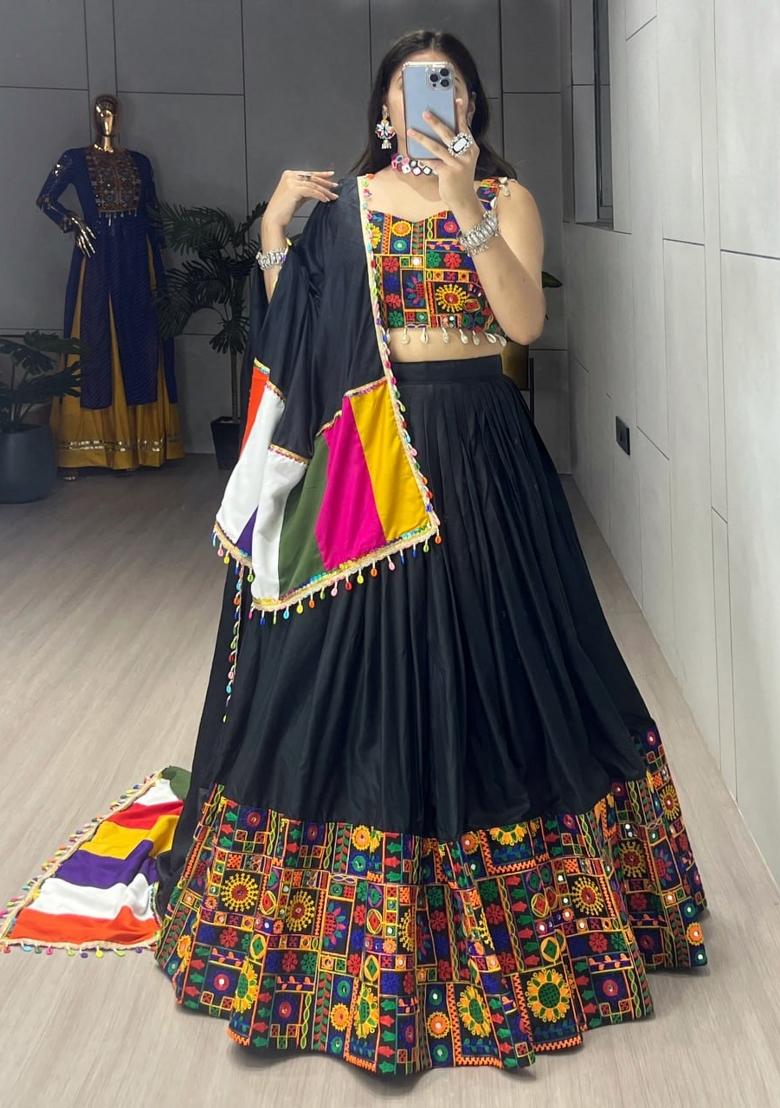 Black Gamthi Work Cotton Lehenga Set - Indya