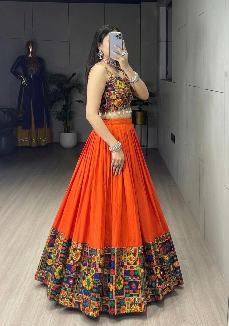 Orange Gamthi Work Cotton Lehenga Set - Indya