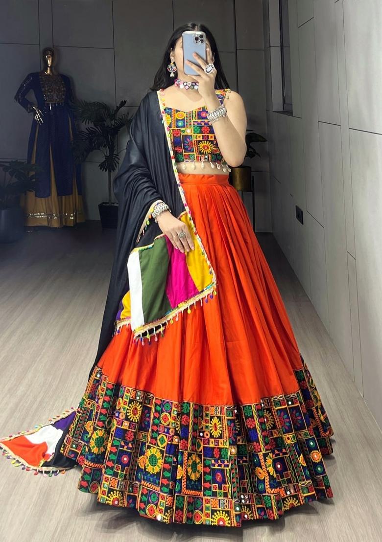 Orange Gamthi Work Cotton Lehenga Set - Indya