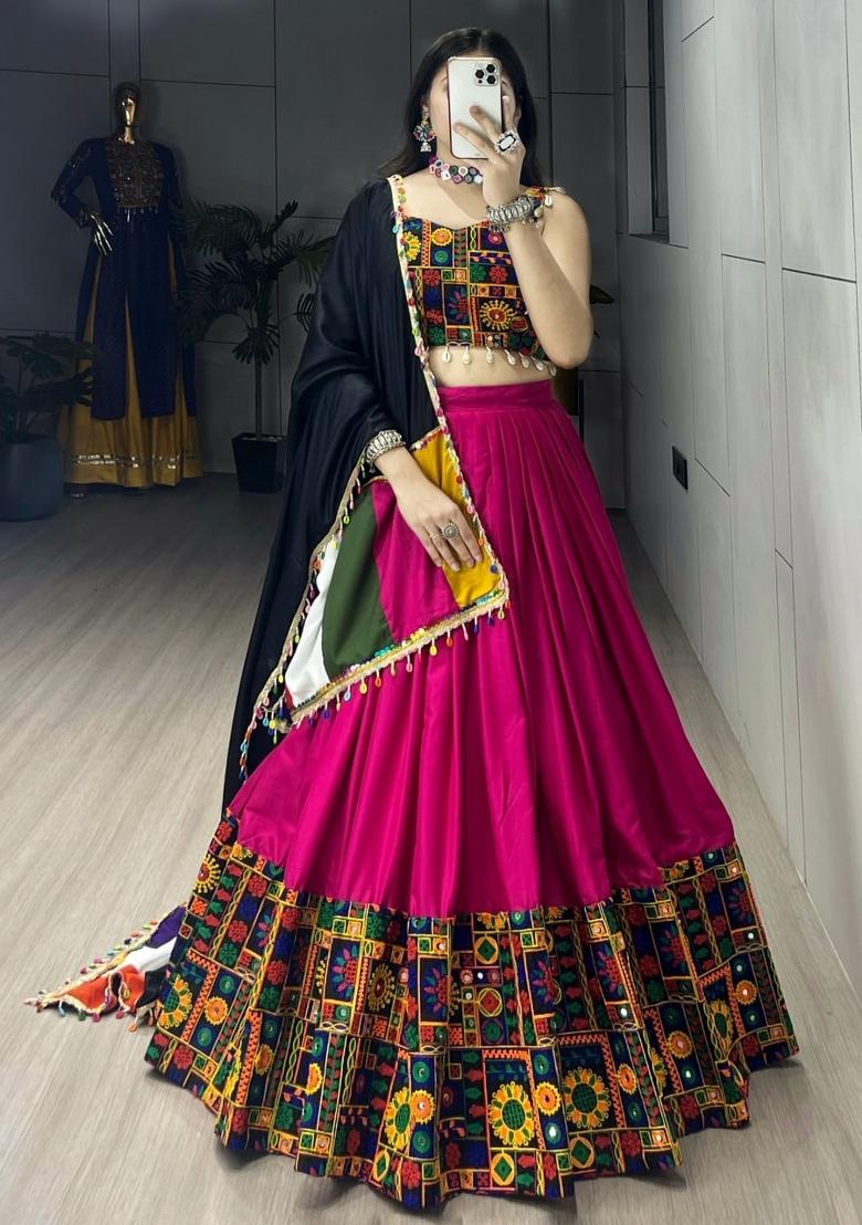 Rani Pink Gamthi Work Cotton Lehenga Set - Indya