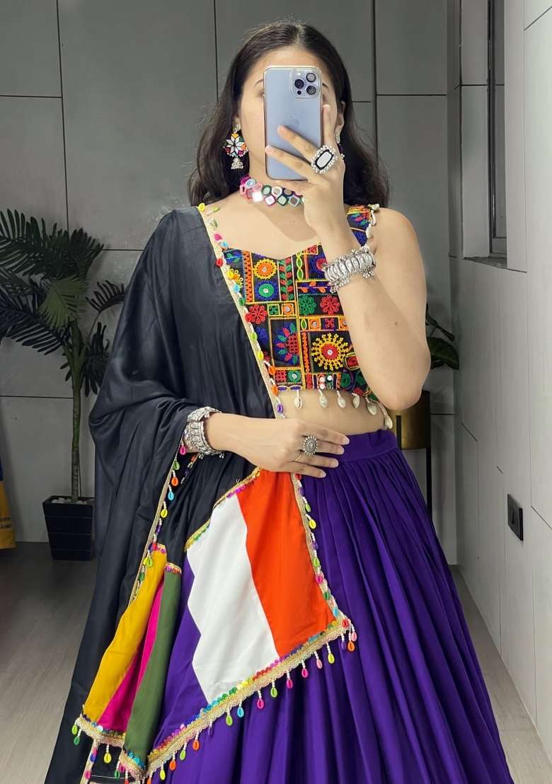 Purple Gamthi Work Cotton Chaniya Choli Set For Navratri And Garba - Indya