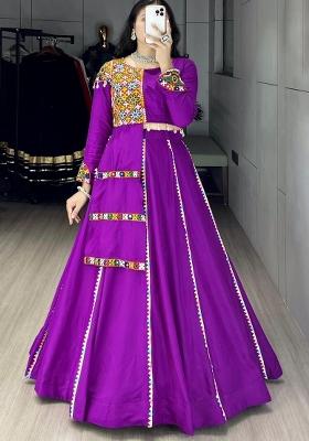 Purple Mirror Work Cotton Lehenga Set