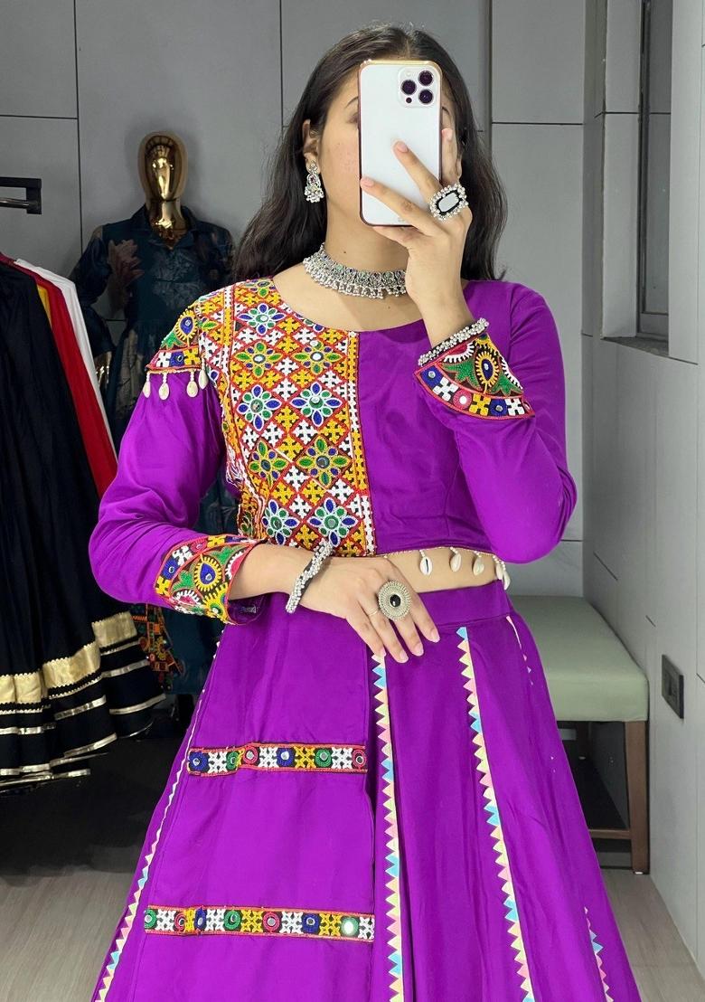 Purple Mirror Work Cotton Lehenga Set - Indya