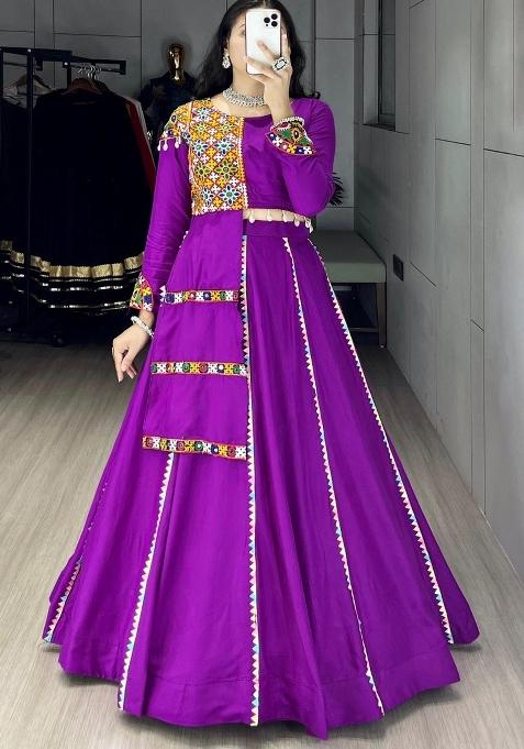 Purple Mirror Work Cotton Lehenga Set