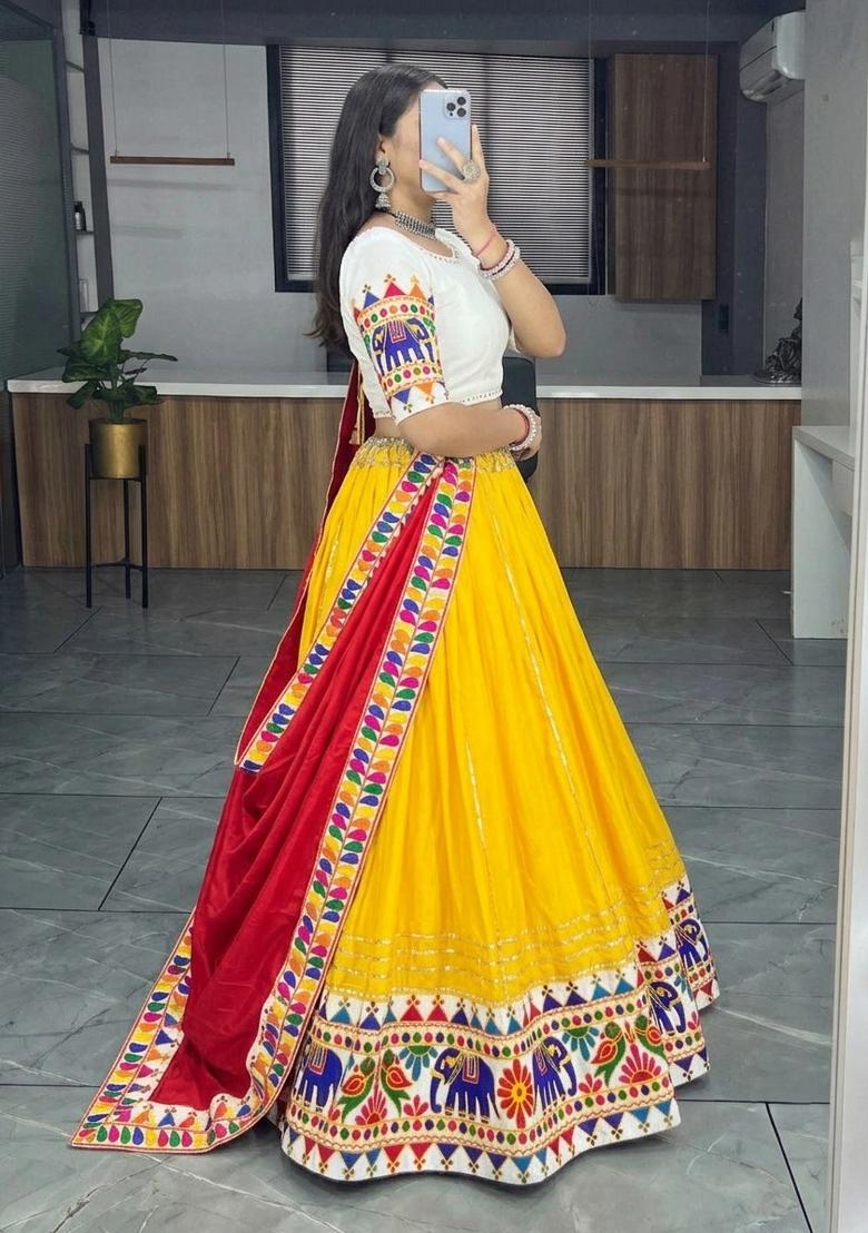 Yellow And White Gamthi Work Cotton Lehenga Set - Indya