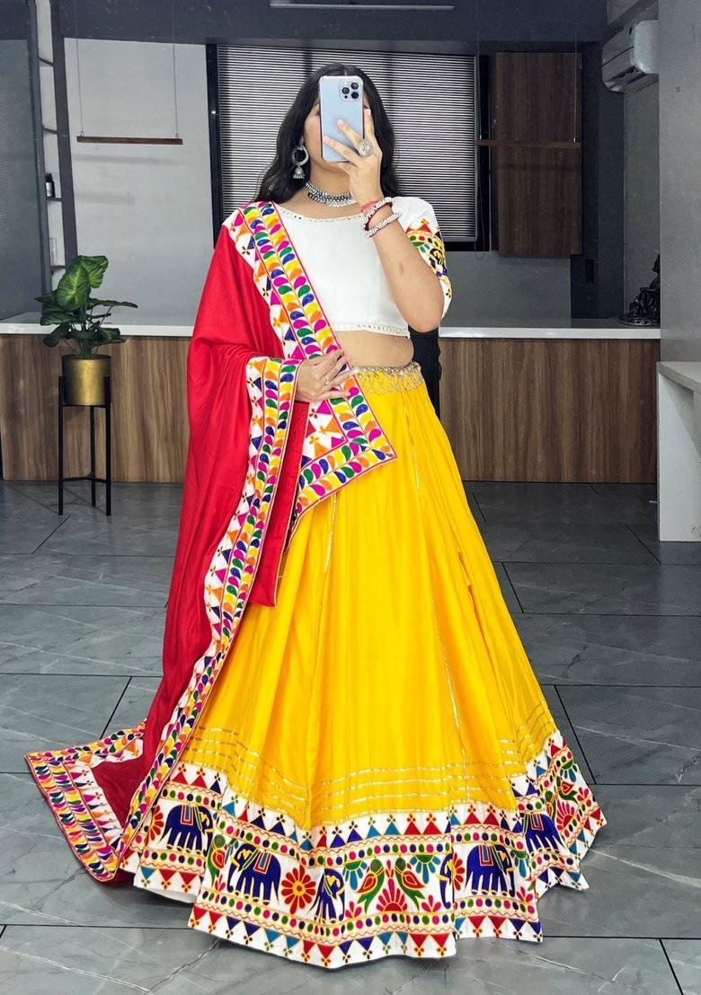 Yellow And White Gamthi Work Cotton Lehenga Set - Indya