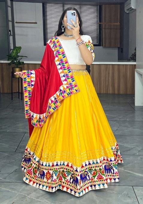 Yellow And White Gamthi Work Cotton Lehenga Set