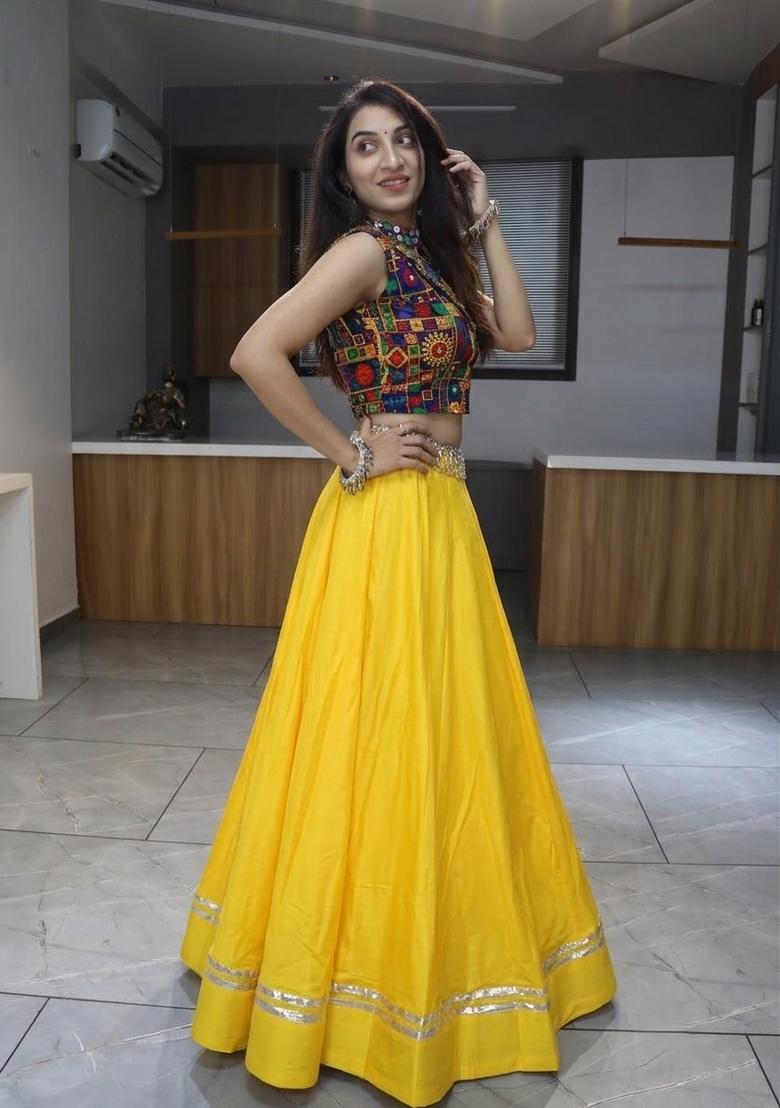 Yellow Mirror Work Cotton Lehenga Set - Indya