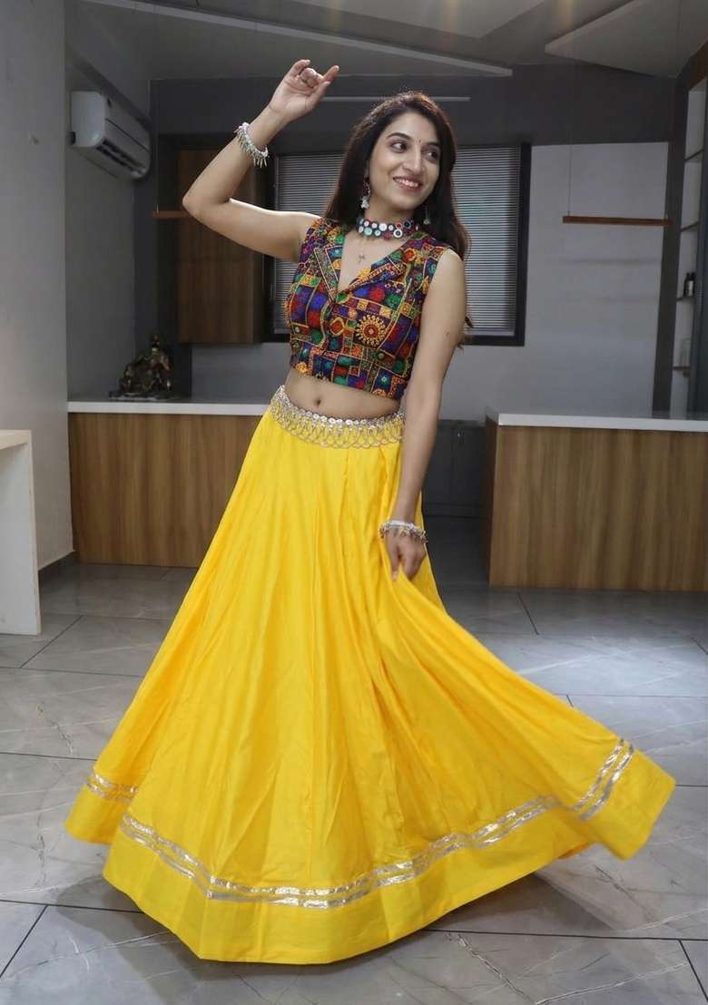 Yellow Mirror Work Cotton Chaniya Choli Set For Navratri And Garba - Indya