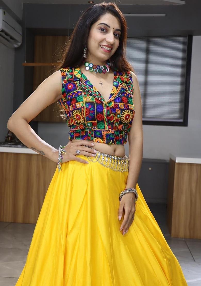 Yellow Mirror Work Cotton Lehenga Set - Indya