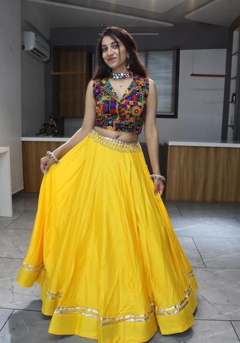 Yellow Mirror Work Cotton Lehenga Set