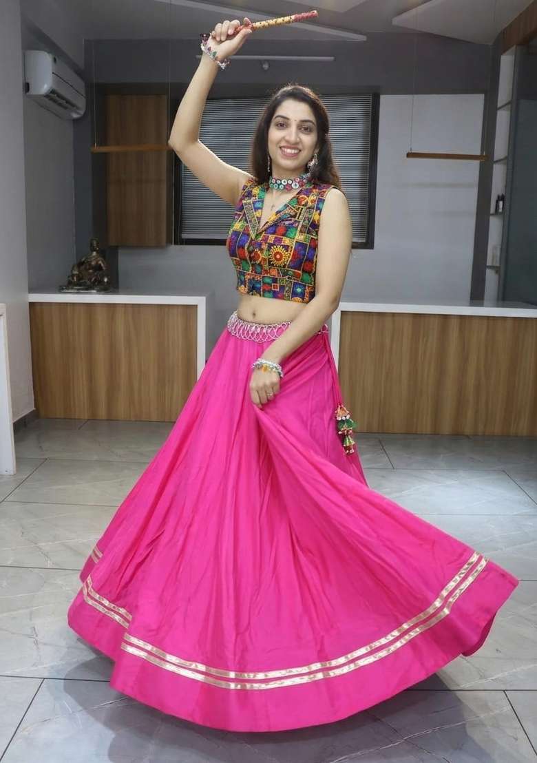 Rani Pink Mirror Work Cotton Chaniya Choli Set For Navratri And Garba - Indya