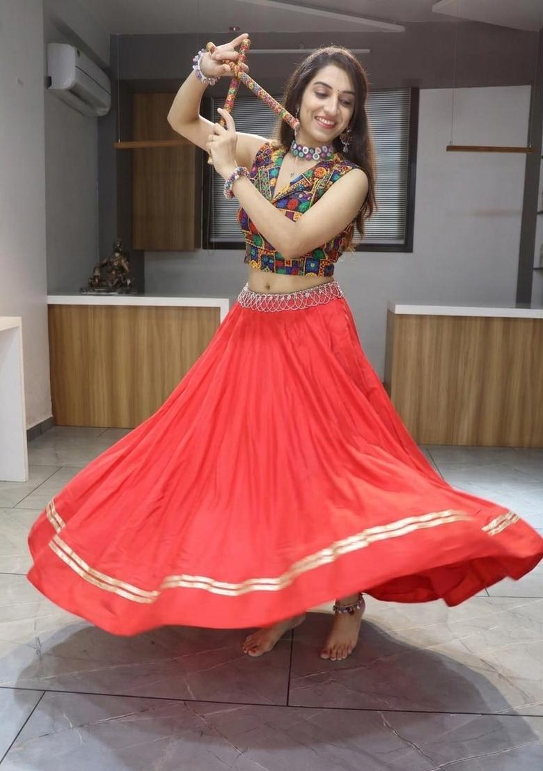 Red Mirror Work Cotton Lehenga Set - Indya