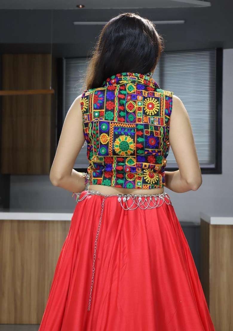 Red Mirror Work Cotton Chaniya Choli Set For Navratri And Garba - Indya