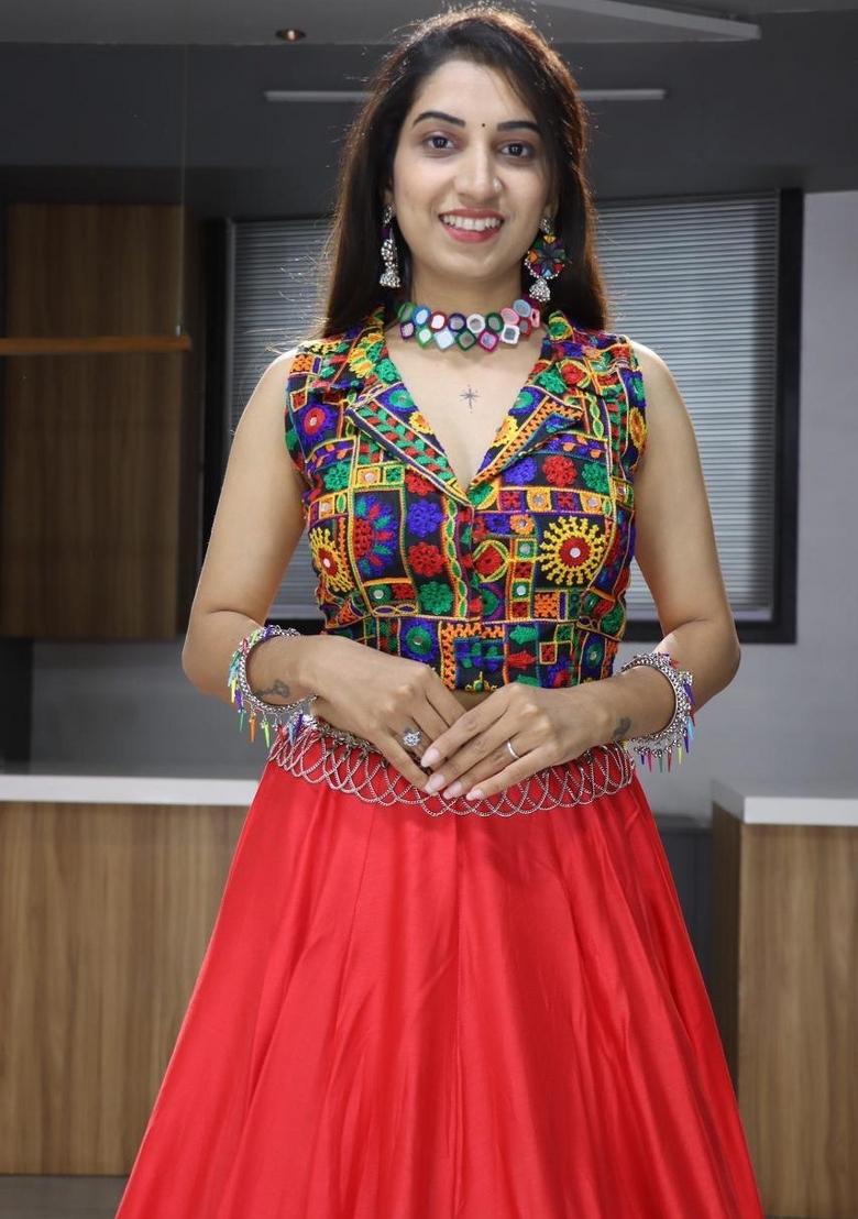 Red Mirror Work Cotton Lehenga Set - Indya