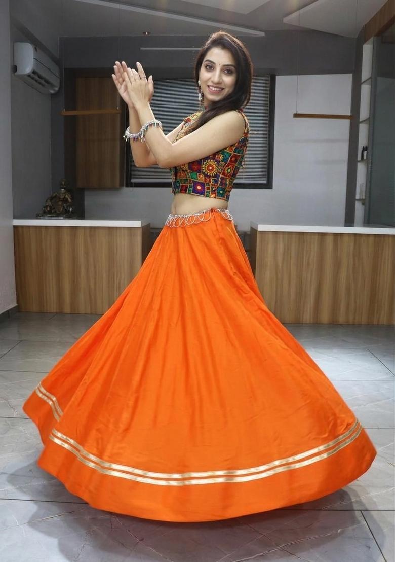 Orange Mirror Work Cotton Lehenga Set - Indya