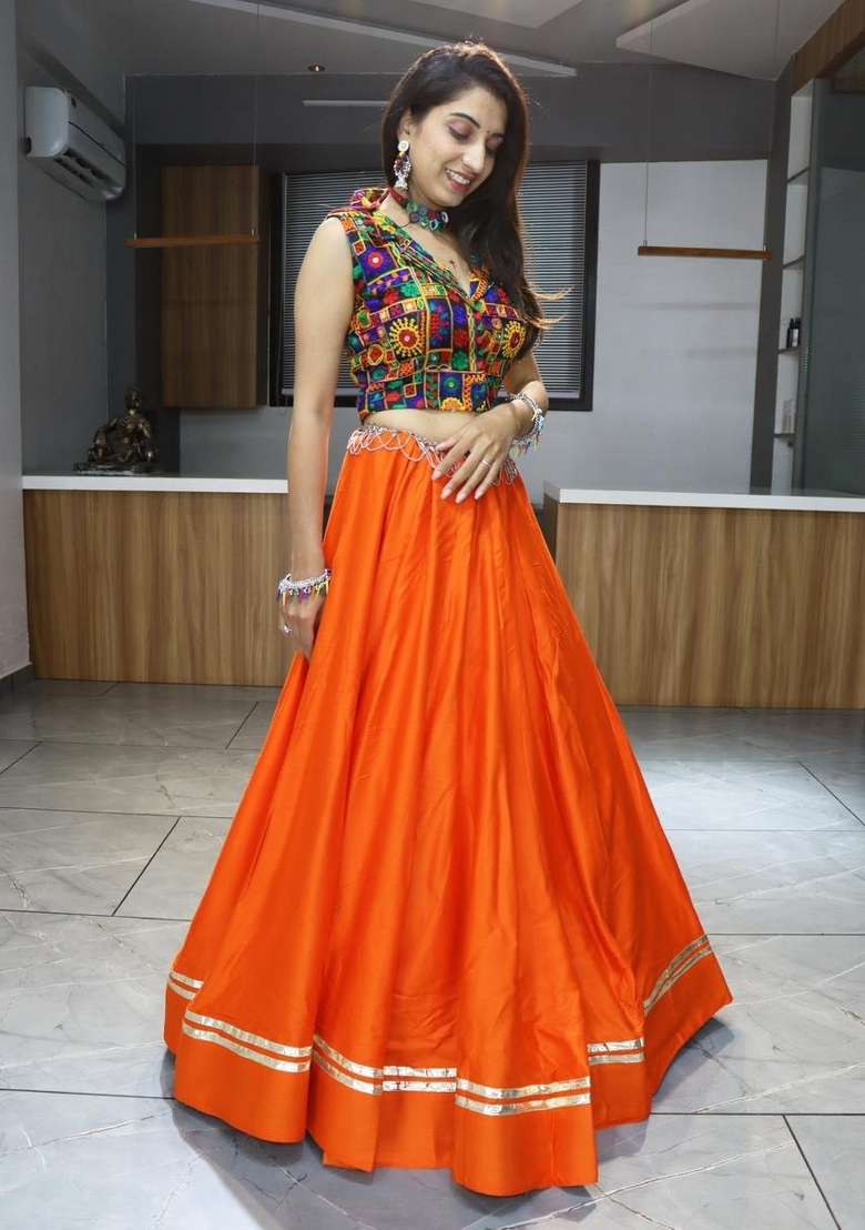 Orange Mirror Work Cotton Chaniya Choli Set For Navratri And Garba - Indya