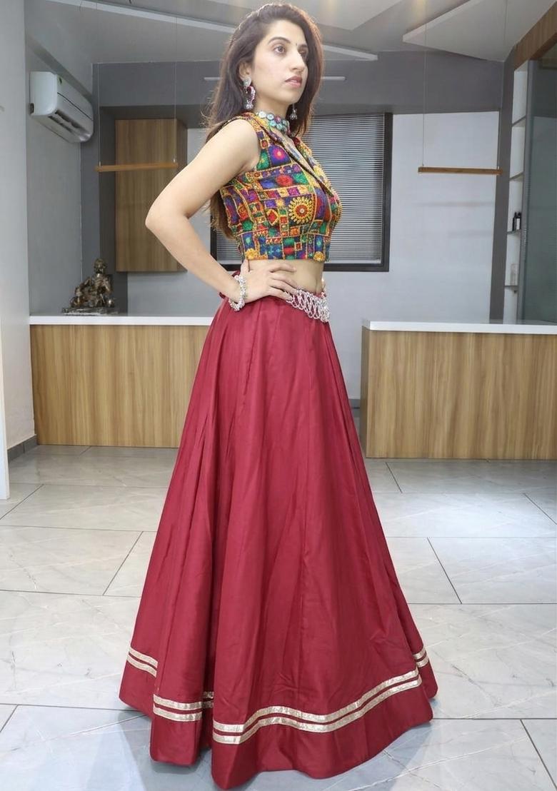 Maroon Mirror Work Cotton Lehenga Set - Indya