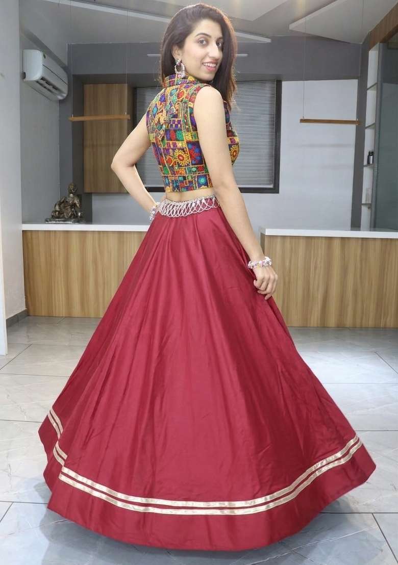 Maroon Mirror Work Cotton Chaniya Choli Set For Navratri And Garba - Indya