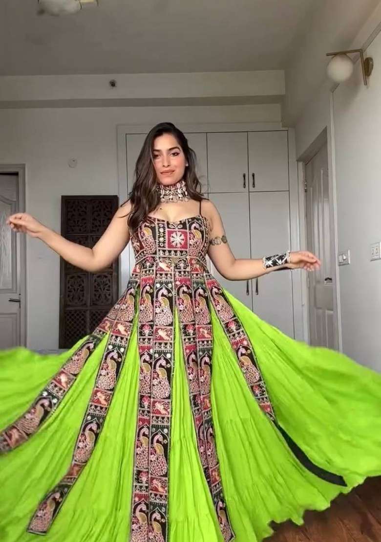 Parrot Green Sequin Work Georgette Lehenga Set - Indya