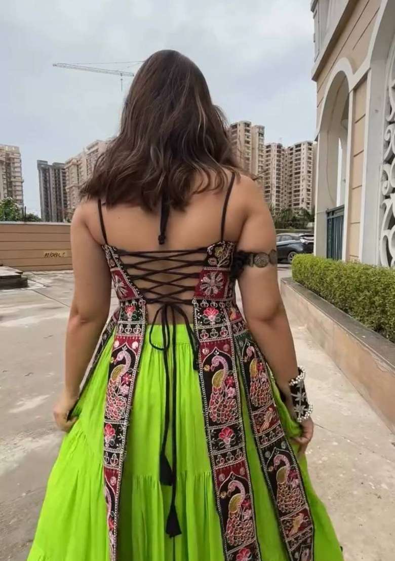 Parrot Green Sequin Work Georgette Lehenga Set - Indya