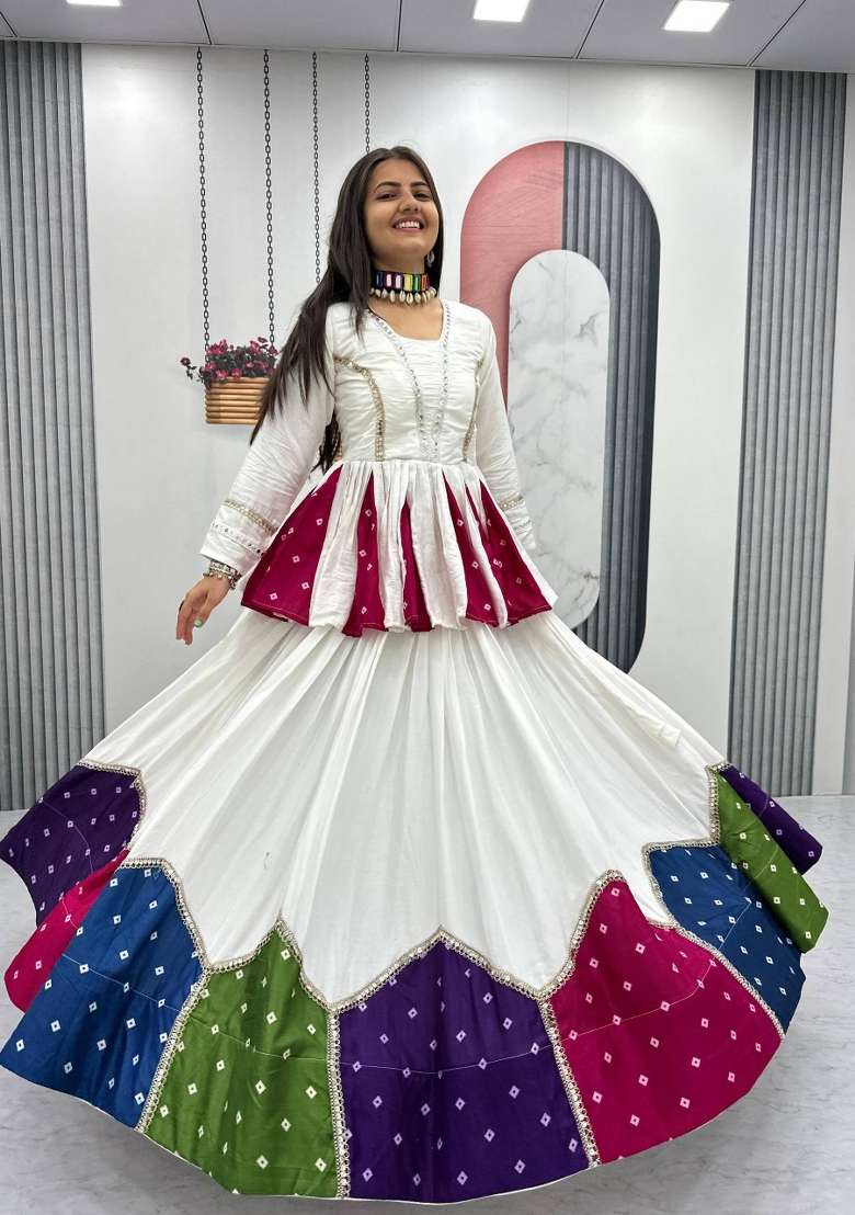 White Printed Cotton Chaniya Choli Set For Navratri And Garba for Diwali | Wedding & Festive Wear - Indya