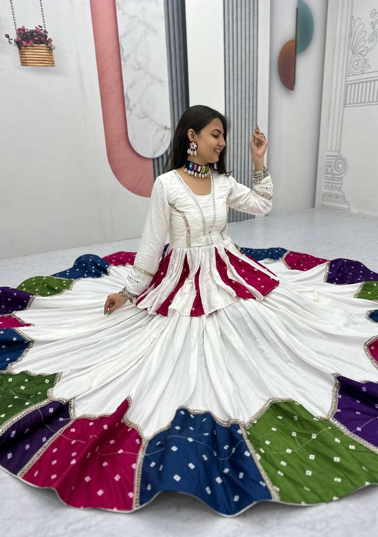 White Printed Cotton Chaniya Choli Set For Navratri And Garba for Diwali | Wedding & Festive Wear - Indya