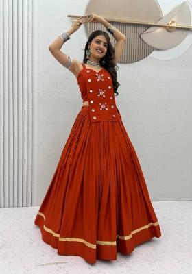 Orange Mirror Work Cotton Lehenga Set