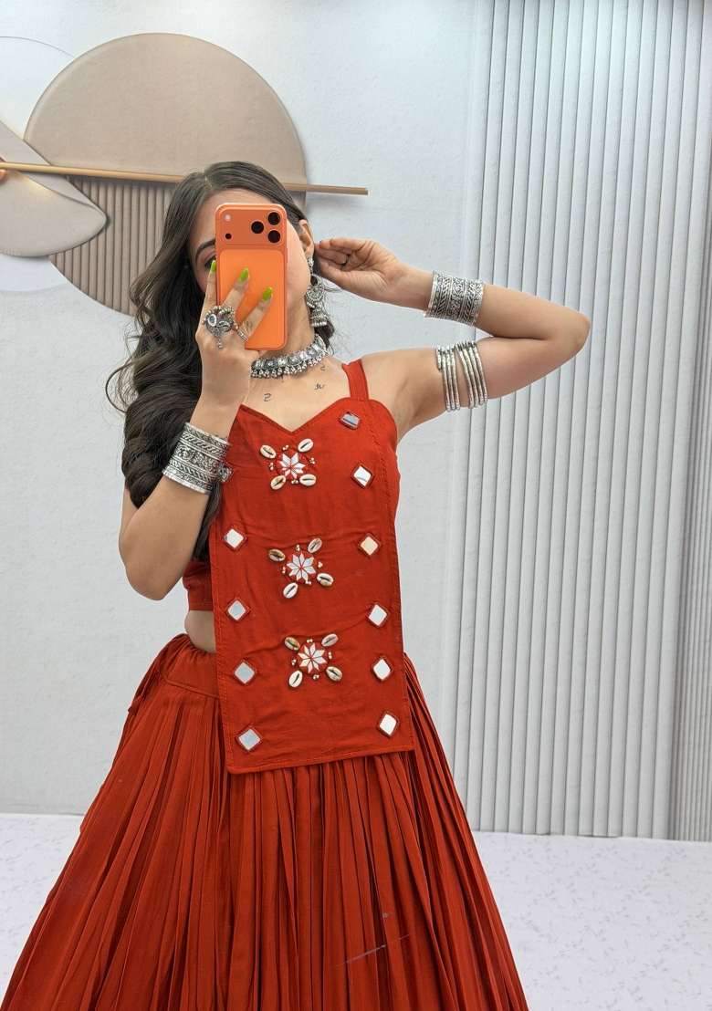 Orange Mirror Work Cotton Chaniya Choli Set For Navratri And Garba for Diwali | Wedding & Festive Wear - Indya